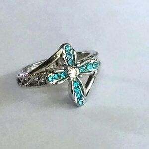BLUE SAPPHIRE CROSS RING CZ ENGRAVED WITH GOD ALL THINGS ARE POSSIBLE SIZE 6.5